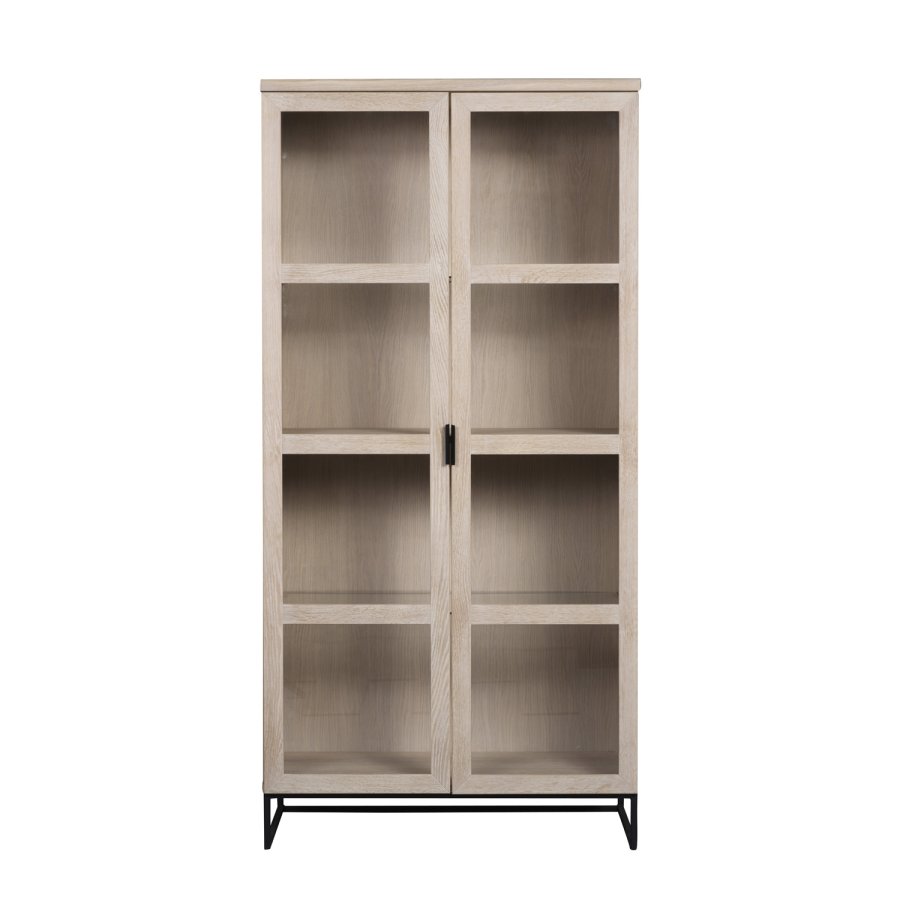 ROWICO rektangulr Everett vitrineskab m. 2 glaslger og 3 hylder - hvidvasket vildeg og sort metal