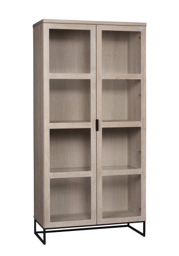 ROWICO rektangulr Everett vitrineskab m. 2 glaslger og 3 hylder - hvidvasket vildeg og sort metal