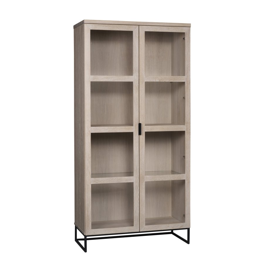 ROWICO rektangulr Everett vitrineskab m. 2 glaslger og 3 hylder - hvidvasket vildeg og sort metal