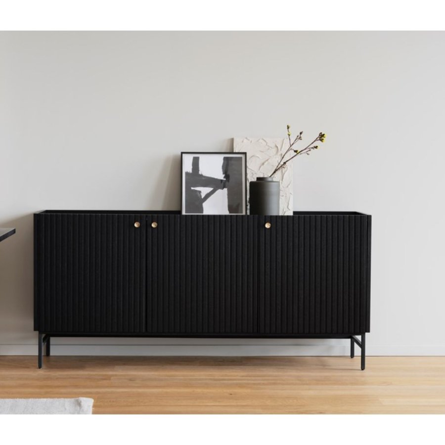 ROWICO Lancaster skjenk, m. 3 drer - svart tre og svart metall (160x75)