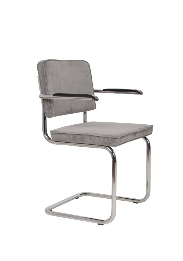 ZUIVER Ridge Rib spisebordsstol, med armlener - lysegr flyelspolyester og slvkrom