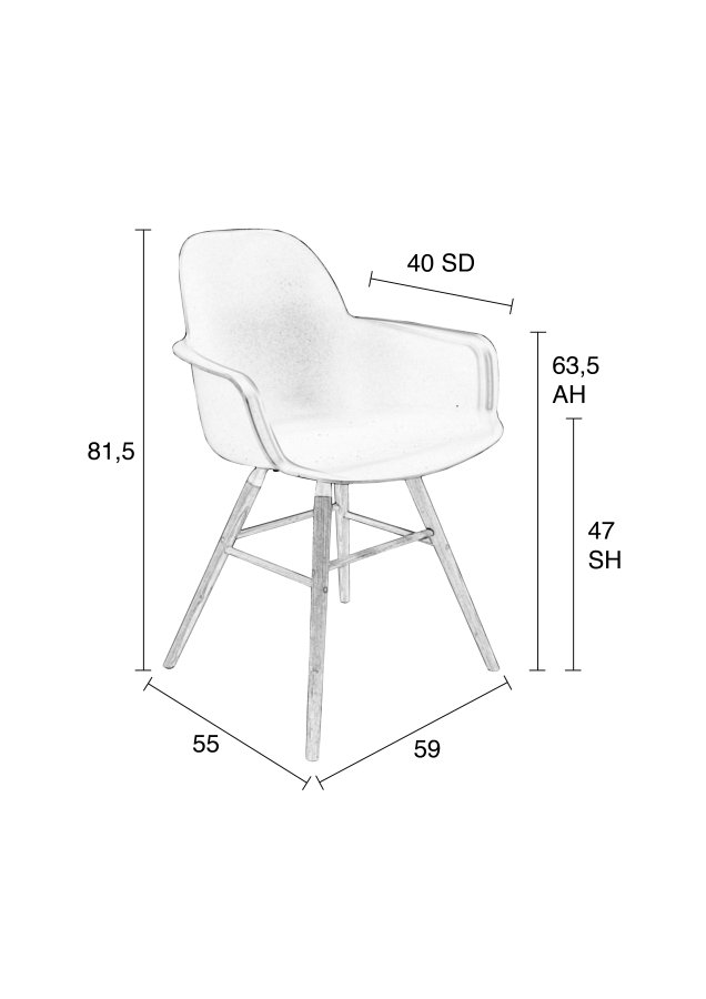 ZUIVER Albert Kuip lenestol, med armlener - hvit plast og naturlig ask