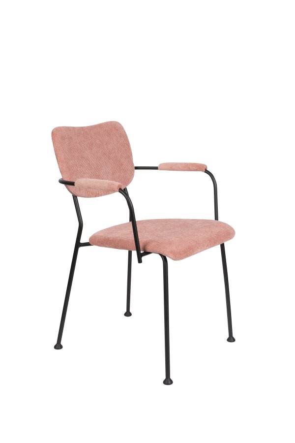 ZUIVER Benson spisebordsstol, med armlener - rosa flyelspolyester og sort stl