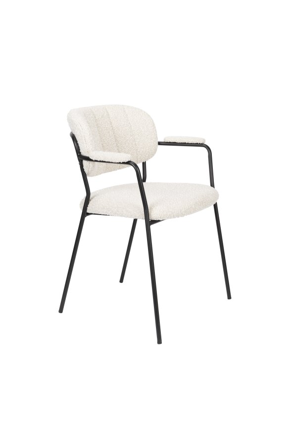 WHITE LABEL LIVING Jolien spisebordsstol, med armlener - hvit bouclé og svart stl