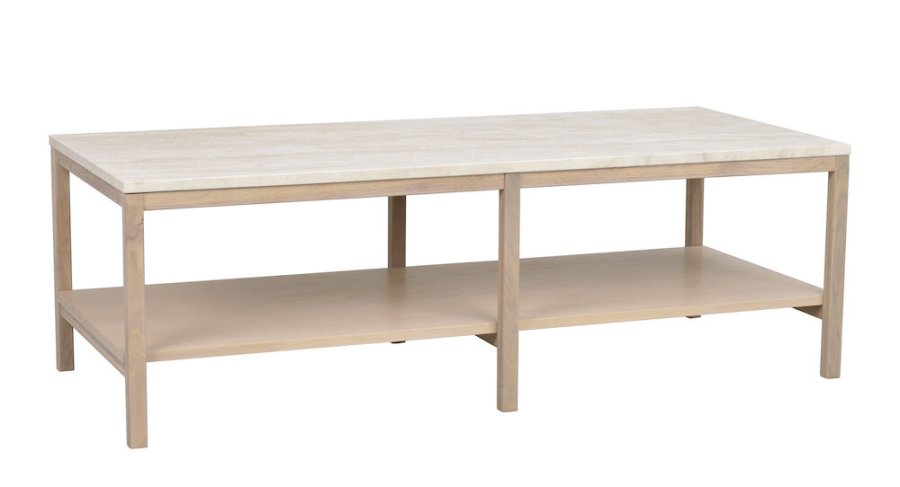 ROWICO Orwel sofabord, m. hylde - beige travertin og hvidvasket eg (140x60)