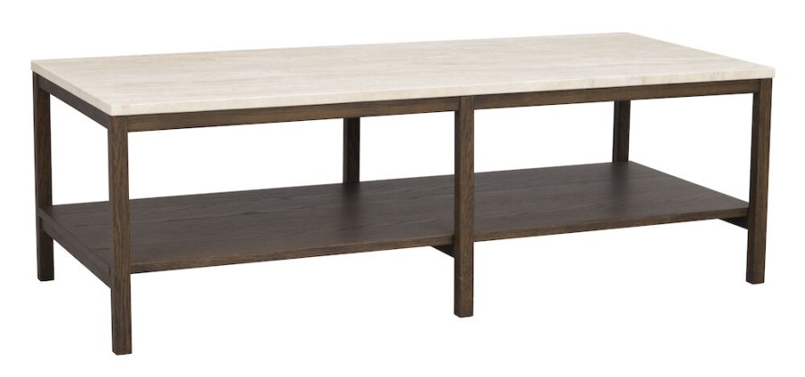 ROWICO Orwel sofabord, m. hylde - beige travertin og brun eg (140x60)