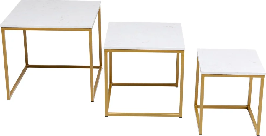 KARE DESIGN Key West innskuddsbord - hvit marmor og gullben, sett med 3 bord