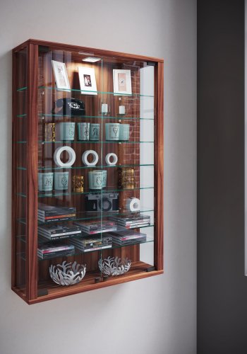 Vitrosa Mini veggskap med LED, m. 2 drer og 8 hyller - glass og naturlig tre