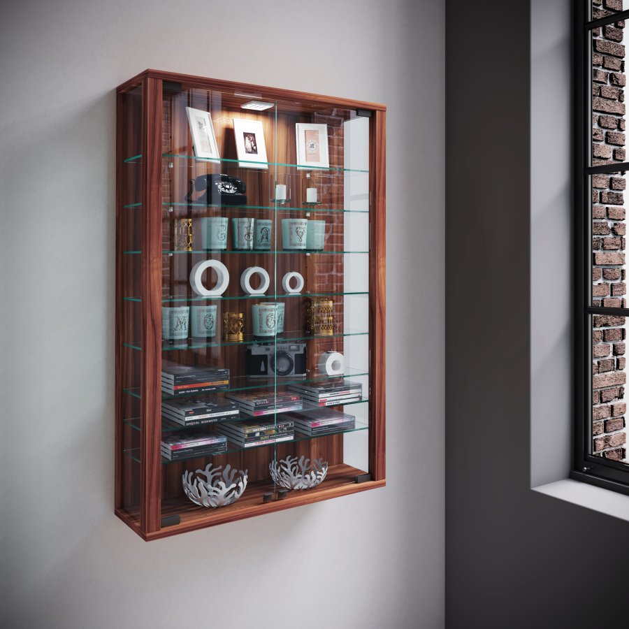 Vitrosa Mini veggskap med LED, m. 2 drer og 8 hyller - glass og naturlig tre