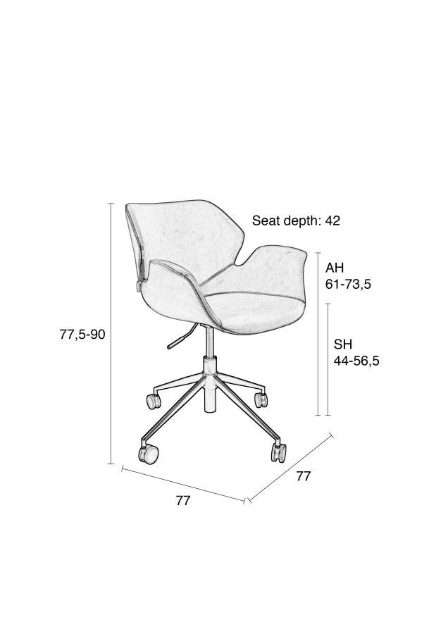ZUIVER Nikki kontorstol, hydejusterbar, med armlener og hjul - sort PU og sort stl