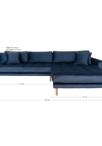 HOUSE NORDIC Lido sofa, med hyrevendt sjeselong - mrkebl velour 