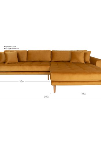 HOUSE NORDIC Lido sofa, med hyrevendt sjeselong - sennepsgul velur 