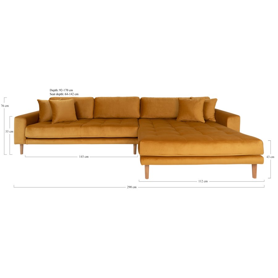 HOUSE NORDIC Lido sofa, med hyrevendt sjeselong - sennepsgul velur 