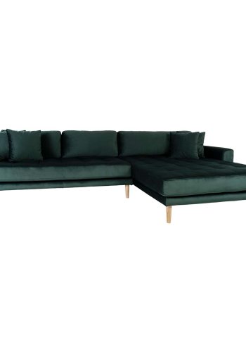 HOUSE NORDIC Lido lounge sofa, med hyre sjeselong - mrkegrnn velour og naturlig tre