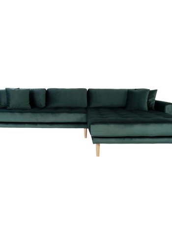 HOUSE NORDIC Lido lounge sofa, med hyre sjeselong - mrkegrnn velour og naturlig tre