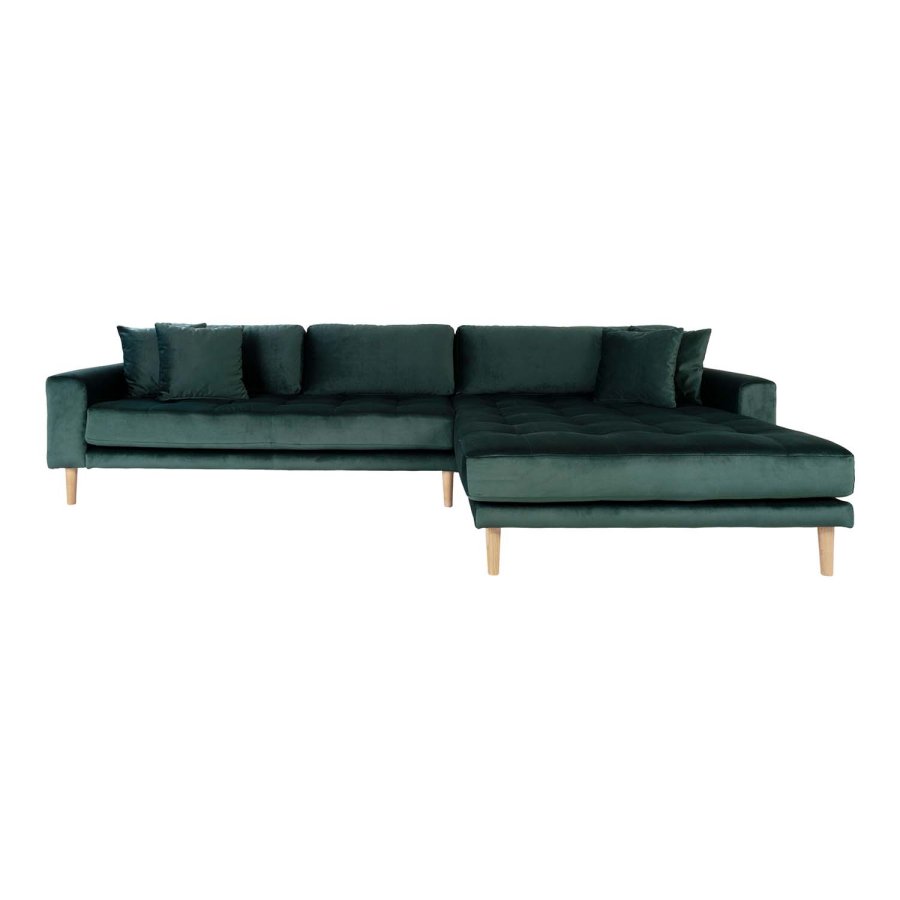 HOUSE NORDIC Lido lounge sofa, med hyre sjeselong - mrkegrnn velour og naturlig tre
