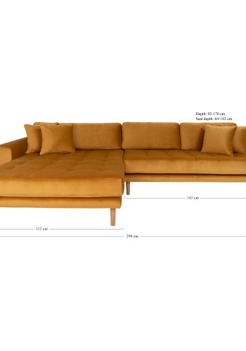 HOUSE NORDIC Lido sofa, med venstrevendt sjeselong - sennepsgul velur 