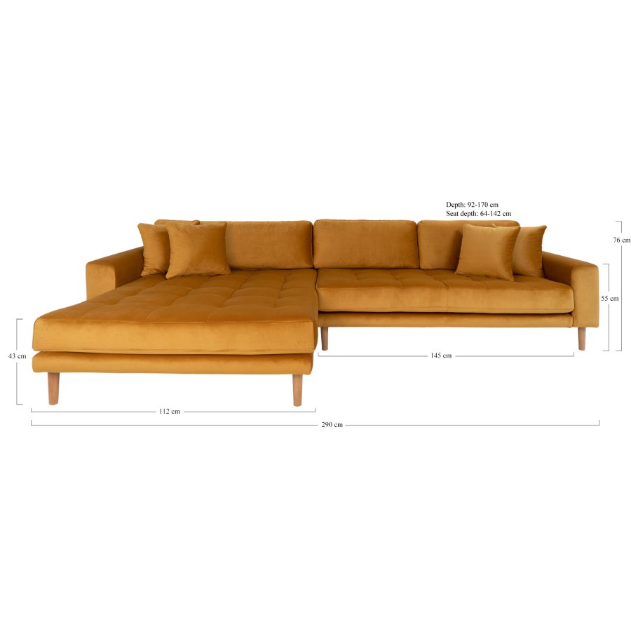 HOUSE NORDIC Lido sofa, med venstrevendt sjeselong - sennepsgul velur 