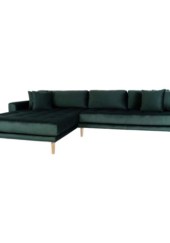 HOUSE NORDIC Lido lounge sofa, med venstre sjeselong - mrkegrnn velour og naturlig tre