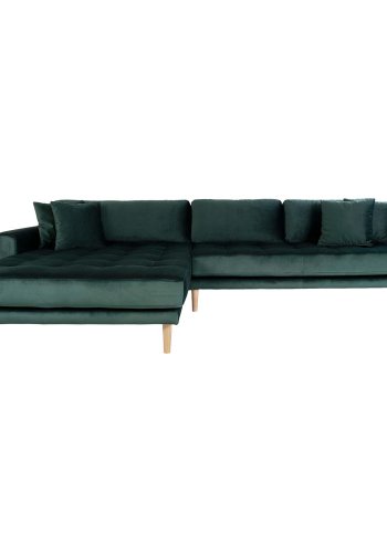HOUSE NORDIC Lido lounge sofa, med venstre sjeselong - mrkegrnn velour og naturlig tre