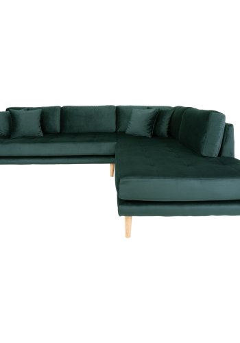 HOUSE NORDIC Lido hjrnesofa med pen ende - Hjrnesofa med pen ende, hyrevendt i grnn velur med fire puter og naturlige treben, HN1006