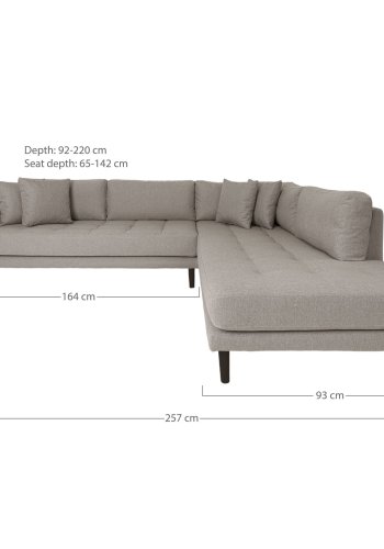 HOUSE NORDIC Lido hjrnesofa med pen ende - Hjrnesofa med pen ende, hyrevendt i stein med fire puter og svarte treben, HN1030