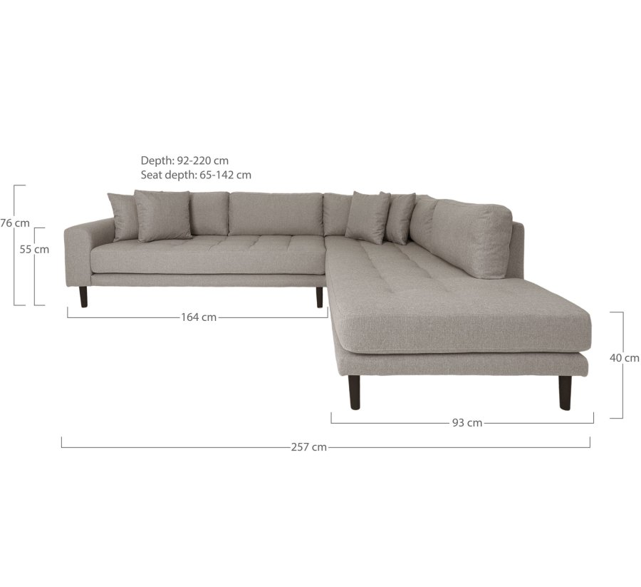 HOUSE NORDIC Lido hjrnesofa med pen ende - Hjrnesofa med pen ende, hyrevendt i stein med fire puter og svarte treben, HN1030