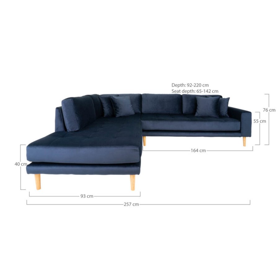 HOUSE NORDIC Lido hjrnesofa, med pen ende - bl velour og naturlig eik