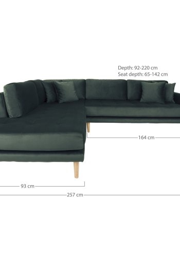 HOUSE NORDIC Lido hjrnesofa med pen ende - Hjrnesofa med pen ende, venstrevendt i grnn velour med fire puter og naturlige treben, HN1006