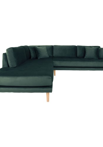 HOUSE NORDIC Lido hjrnesofa med pen ende - Hjrnesofa med pen ende, venstrevendt i grnn velour med fire puter og naturlige treben, HN1006