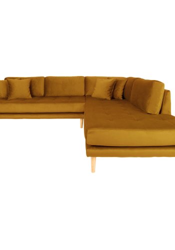 HOUSE NORDIC Lido hjrnesofa med pen ende - Hjrnesofa med pen ende, hyrevendt i sennepsgul flyel med fire puter og naturlige treben, HN 1004
