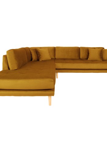 HOUSE NORDIC Lido hjrnesofa med pen ende - Hjrnesofa med pen ende, venstrevendt i sennepsgul velour med fire puter og naturlige treben, HN1004