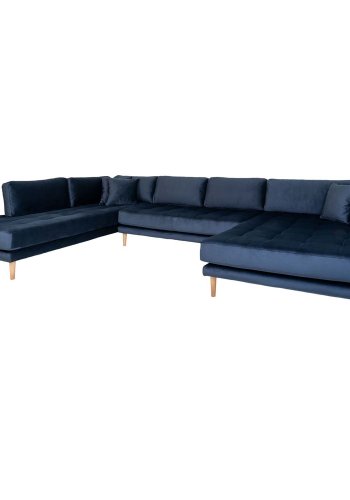 HOUSE NORDIC Lido U-sofa Open End, med hyre sjeselong - mrkebl velour og naturlig tre