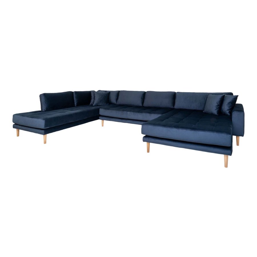 HOUSE NORDIC Lido U-sofa Open End, med hyre sjeselong - mrkebl velour og naturlig tre