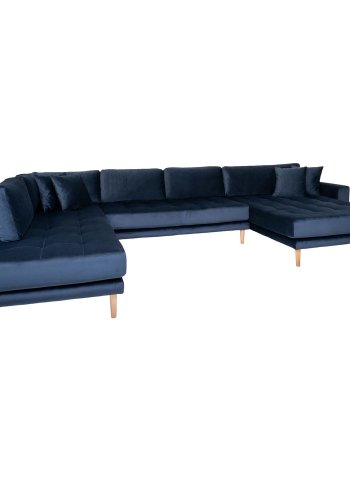 HOUSE NORDIC Lido U-sofa Open End, med hyre sjeselong - mrkebl velour og naturlig tre