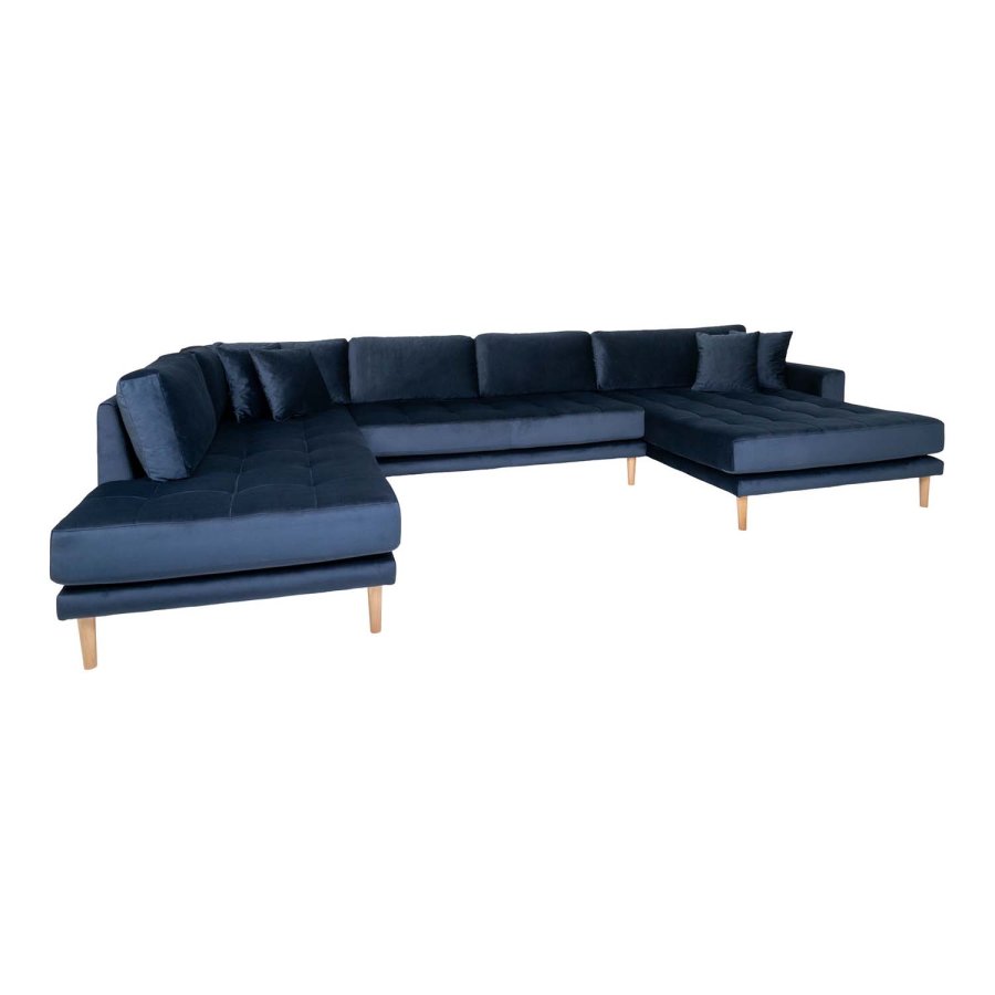 HOUSE NORDIC Lido U-sofa Open End, med hyre sjeselong - mrkebl velour og naturlig tre