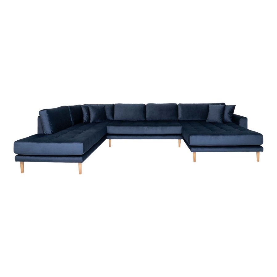 HOUSE NORDIC Lido U-sofa Open End, med hyre sjeselong - mrkebl velour og naturlig tre