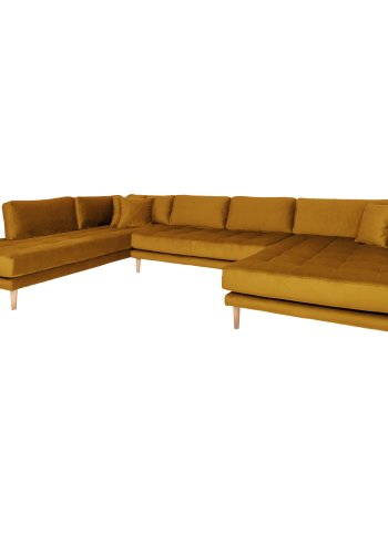 HOUSE NORDIC Lido U-sofa med pen ende - U-sofa med pen ende, hyrevendt i sennepsgul velur med fire puter med naturlige treben, HN1004