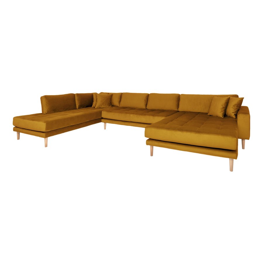 HOUSE NORDIC Lido U-sofa med pen ende - U-sofa med pen ende, hyrevendt i sennepsgul velur med fire puter med naturlige treben, HN1004
