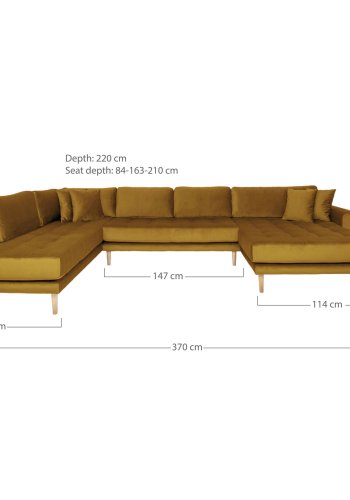 HOUSE NORDIC Lido U-sofa med pen ende - U-sofa med pen ende, hyrevendt i sennepsgul velur med fire puter med naturlige treben, HN1004