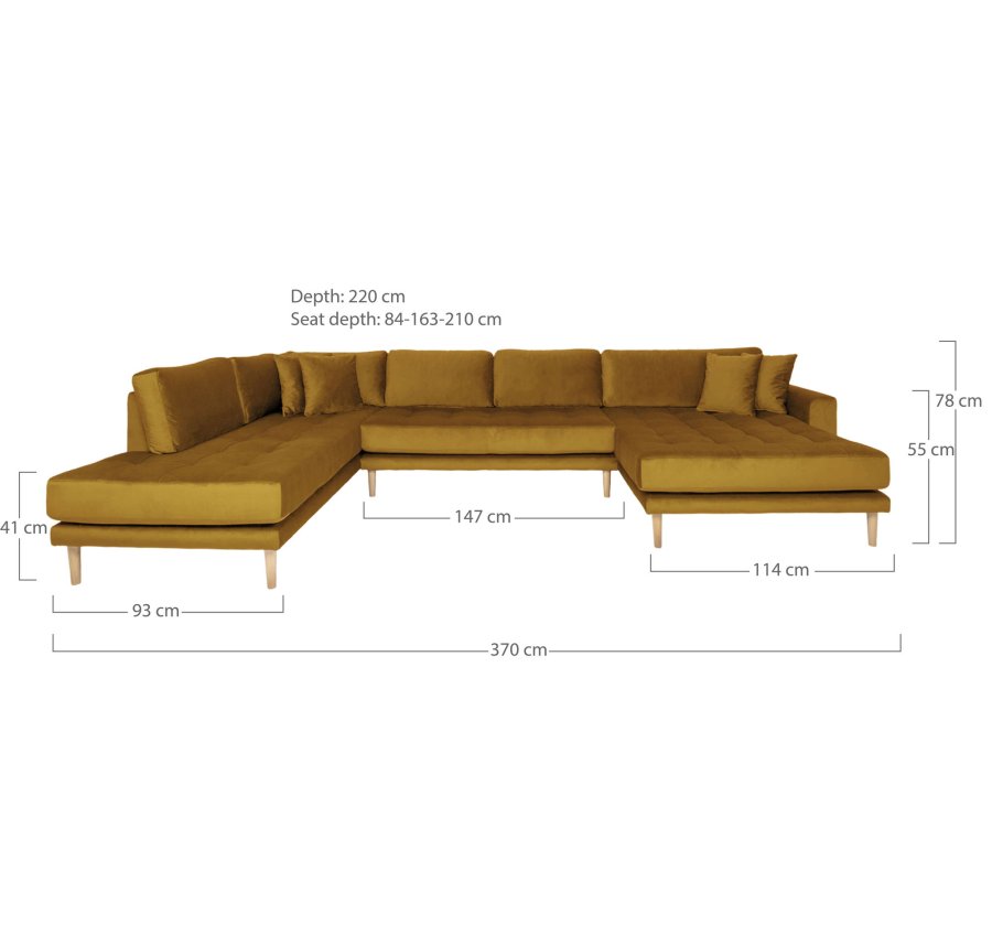 HOUSE NORDIC Lido U-sofa med pen ende - U-sofa med pen ende, hyrevendt i sennepsgul velur med fire puter med naturlige treben, HN1004