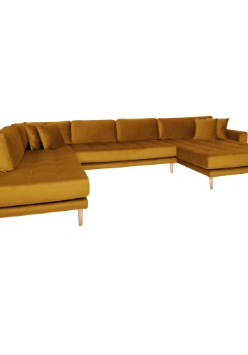 HOUSE NORDIC Lido U-sofa med pen ende - U-sofa med pen ende, hyrevendt i sennepsgul velur med fire puter med naturlige treben, HN1004