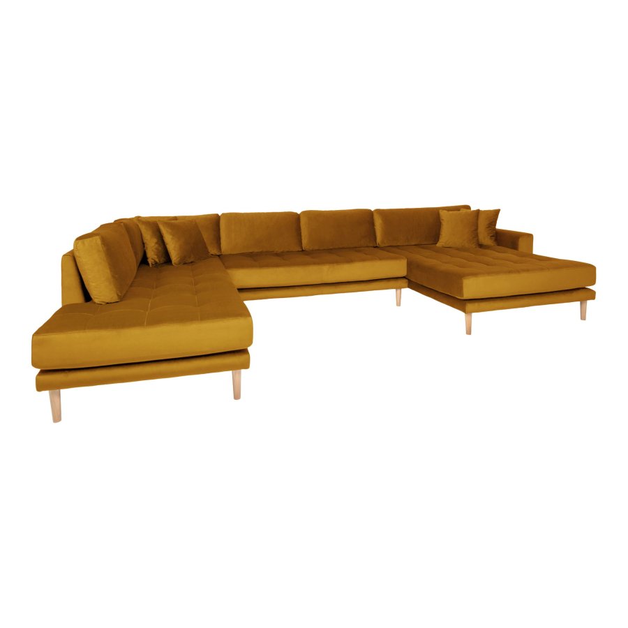 HOUSE NORDIC Lido U-sofa med pen ende - U-sofa med pen ende, hyrevendt i sennepsgul velur med fire puter med naturlige treben, HN1004