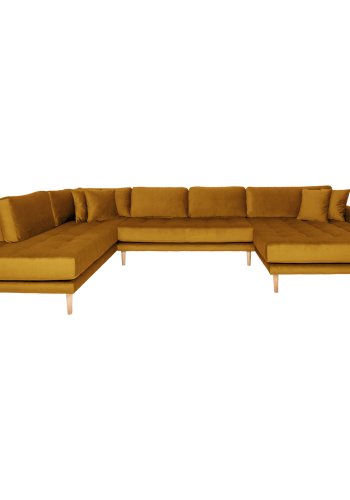 HOUSE NORDIC Lido U-sofa med pen ende - U-sofa med pen ende, hyrevendt i sennepsgul velur med fire puter med naturlige treben, HN1004
