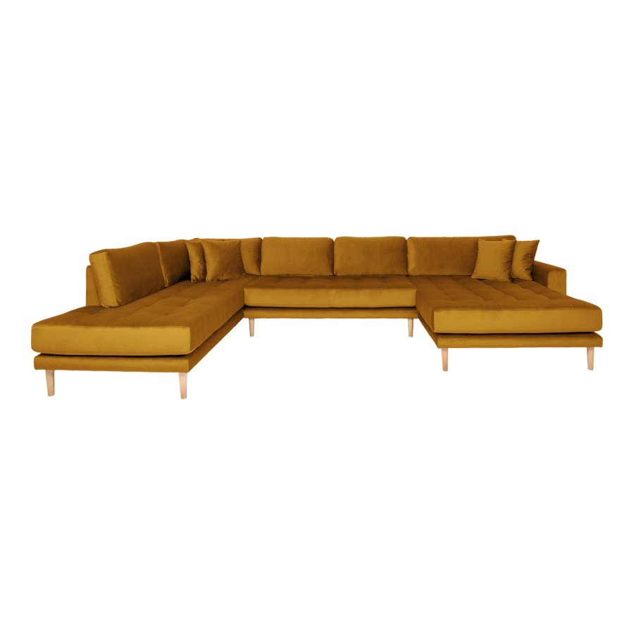 HOUSE NORDIC Lido U-sofa med pen ende - U-sofa med pen ende, hyrevendt i sennepsgul velur med fire puter med naturlige treben, HN1004