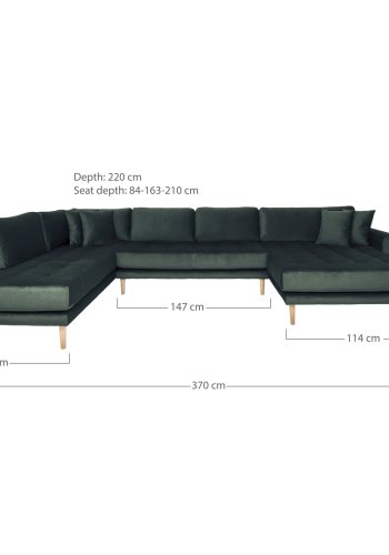HOUSE NORDIC Lido U-sofa med pen ende - U-sofa med pen ende, hyrevendt i mrkegrnn velour med fire puter og naturlige treben, HN1006