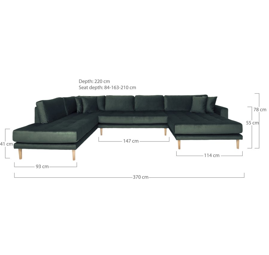 HOUSE NORDIC Lido U-sofa med pen ende - U-sofa med pen ende, hyrevendt i mrkegrnn velour med fire puter og naturlige treben, HN1006