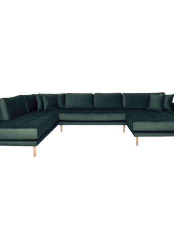 HOUSE NORDIC Lido U-sofa med pen ende - U-sofa med pen ende, hyrevendt i mrkegrnn velour med fire puter og naturlige treben, HN1006