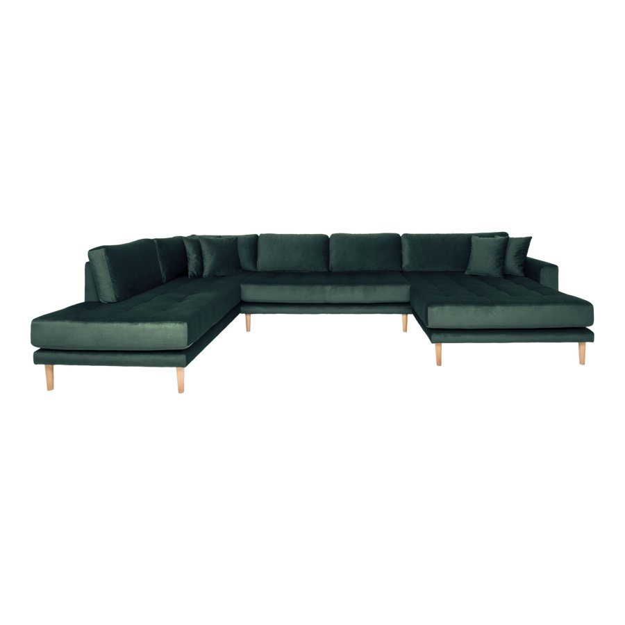 HOUSE NORDIC Lido U-sofa med pen ende - U-sofa med pen ende, hyrevendt i mrkegrnn velour med fire puter og naturlige treben, HN1006