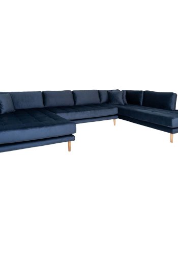 HOUSE NORDIC Lido U-sofa Open End, med venstre sjeselong - mrkebl velour og naturlig tre